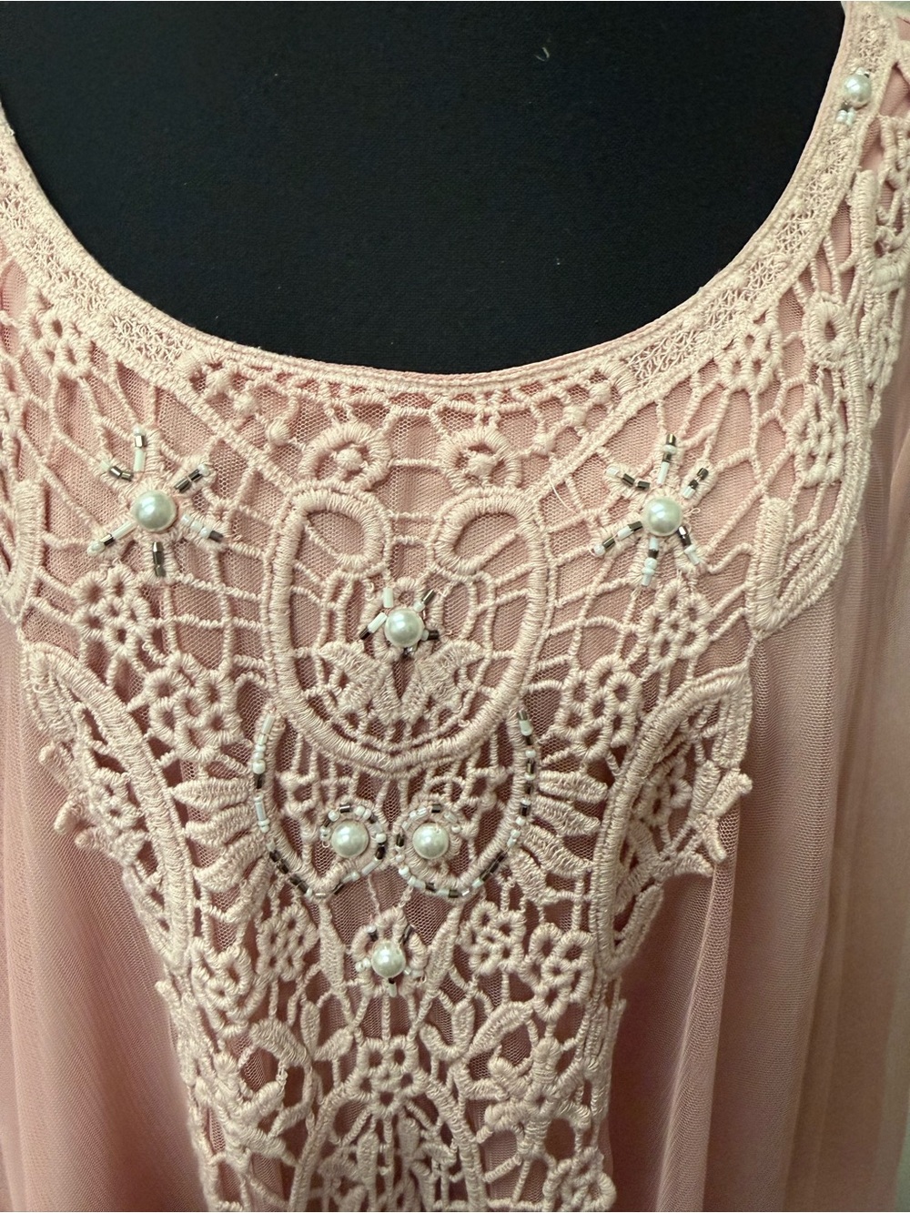 Roamans 26W Dusty Pink Lace Beaded Mesh Tunic Boho Romantic Blouse Top - Picture 4 of 10